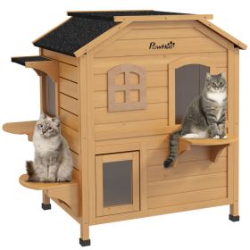 2-story Cat House Outdoor, Weatherproof Wooden Cat Enclosure for Feral Cats with Escape Door, Openable Roof, Jumping Platforms, Natural (Option: Natural Wood-880x730x160 mm)